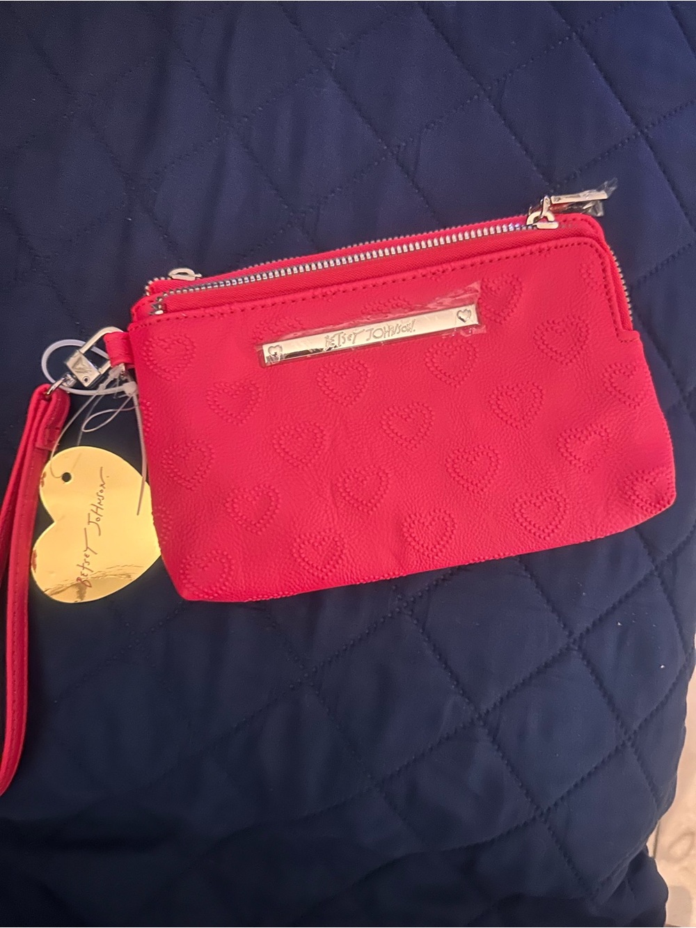 Betsey Johnson Hot Pink Heart-Embossed Wristlet Clutch